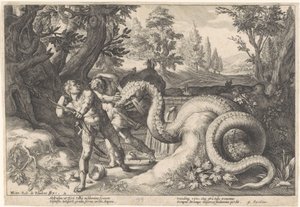 Kadmusens ledsagere fortært av en drage Metamorphoses of Ovid (serietittel) av Hendrick Goltzius (workshop of)