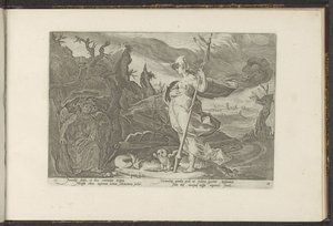 Minerva ber Envy om å tenne sjalusi i Aglauros Ovids Metamorphoses (serietittel) P. Ovids rekreasjoner Naso (serietittel) av Hendrick Goltzius (workshop of)