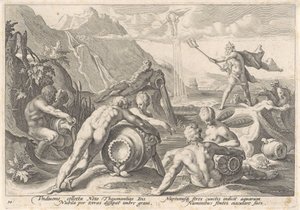Neptun beordrer elvegudene til å forårsake en flom Metamorphoses of Ovid (serietittel) av Hendrick Goltzius (workshop of)