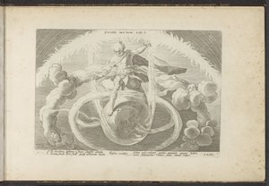 Orden i kaoset Opprettelsen av de fire elementene Ovidii Metam. lib. I (tittel på objekt) Ovids metamorfoser (serietittel) Gjenskapninger av P. Ovidius Naso (serietittel) av Hendrick Goltzius (workshop of)