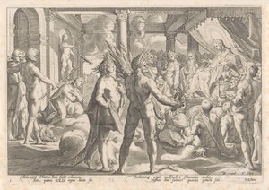 Phaëthon spør Apollo om han får ri i vognen sin Metamorphoses of Ovid (serietittel) av Hendrick Goltzius (workshop of)