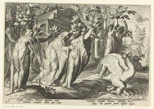 Phaëthons søstre blir til poppel og vennen til en svane Ovids metamorfoser (serietittel) av Hendrick Goltzius (workshop of)
