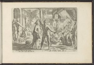 Phaëton i paleis van Helios Ovids Meta. Lib. II (tittel på objekt) Ovids Metamorfosen (serietittel) Herscheppingen van P. Ovidius Naso (serietittel) av Hendrick Goltzius (workshop of)