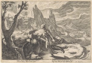 Thisbe flykter fra løvinnen Metamorphoses of Ovid (serietittel) av Hendrick Goltzius (workshop of)