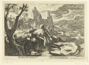 Denne flykter fra en løve Ovids metamorfoser (serietittel) av Hendrick Goltzius (workshop of)