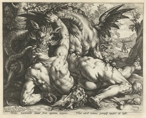 En drage som sluker følgesvennene til Cadmus Kadmusens ledsagere fortært av en drage av Hendrick Goltzius