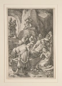 Burial of Christ (The Entombment), fra The Passion, #11 i en serie med 12 graveringer av Hendrick Goltzius