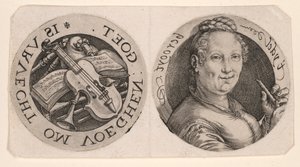 Byste av en kvinne som holder en fløyte og musikkinstrumenter på ett ark av Hendrick Goltzius
