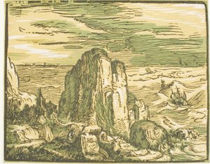 Cliff on a Seashore, fra Four Small Landscapes av Hendrick Goltzius