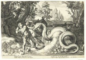 Dragen sluker Kadmos sine følgesvenner av Hendrick Goltzius