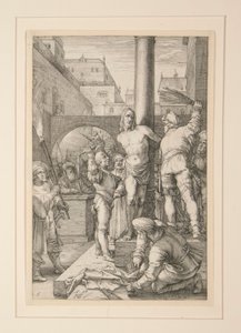 Flagellation of Christ, fra The Passion, #6 i en serie med 12 graveringer av Hendrick Goltzius