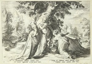 Kekrops døtre åpner kurven som Minerva har betrodd dem av Hendrick Goltzius