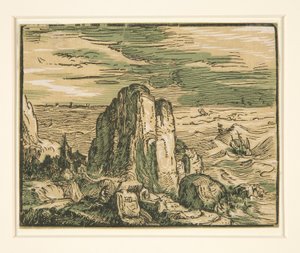 Landskap med klippe ved kysten av Hendrick Goltzius