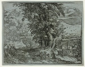 Landskap med et hyrdepar, fra fire små landskap av Hendrick Goltzius