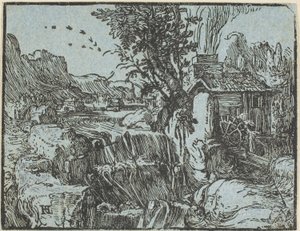 Landskap med en foss, fra Fire små landskap av Hendrick Goltzius