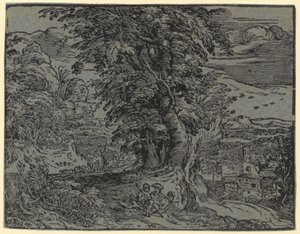 Landskap med sittende par og gjeter, blad 2 fra serien «Fire små landskap» av Hendrick Goltzius