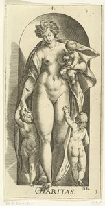 Kjærlighet veldedighet (tittel på objekt) De syv dyder (serietittel) av Hendrick Goltzius