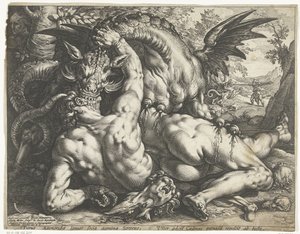 Kadmusens ledsagere fortært av en drage av Hendrick Goltzius