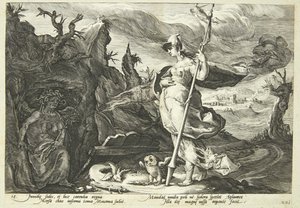 Minerva beordrer misunnelse å fylle Agraulos hjerte med sjalusi av Hendrick Goltzius