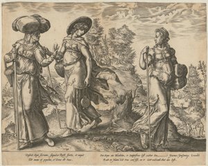 Orpa forlater Rut og Naomi [side 1] og Rut møter Boas på åkeren [side 2], side 1 og 2 i serien «Ruts historie» av Hendrick Goltzius