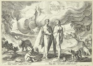 Prometheus skaper mennesket og gir det liv med ild fra himmelen av Hendrick Goltzius