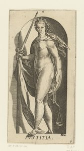 Rettferdighet Iustitia (tittel på objekt) De syv dyder (serietittel) av Hendrick Goltzius