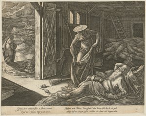 Rut og Boas i låven, side 3 i serien «Ruts historie» av Hendrick Goltzius