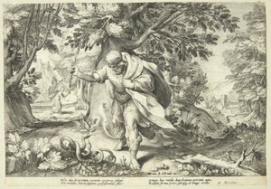 Teiresias slår to parrende slanger med staven sin av Hendrick Goltzius