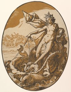 Tethys hvilende i en kjempestor muslingvogn trukket av to havskapninger, fra «Guddommene»