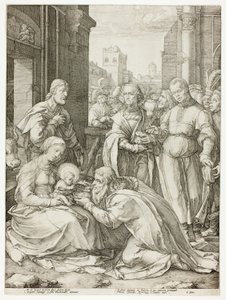The Adoration of the Magi, plate fem fra The Birth and Early Life of Christ av Hendrick Goltzius