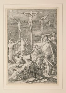 The Crucifixion (Christ on the Cross), fra The Passion, #10 i en serie med 12 graveringer av Hendrick Goltzius