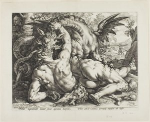 Dragen som sluker følgesvennene til Cadmus av Hendrick Goltzius