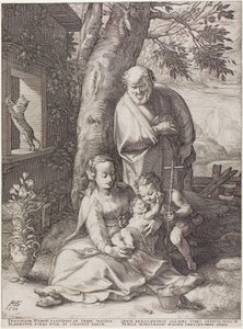Den hellige familie med spedbarnet døperen Johannes, plate seks fra The Birth and Early Life of Christ av Hendrick Goltzius