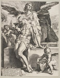 Kristi legeme støttet av en engel av Hendrick Goltzius