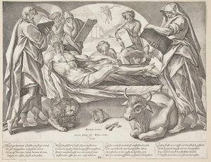 Den døde Kristus og de fire evangelisten av Hendrick Goltzius