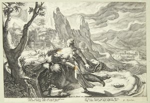 Dette bli skremt av løven av Hendrick Goltzius
