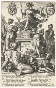 Titteltrykk for trykkserie De romerske heltene Roma (tittel på objekt) The Roman Heroes (serietittel) av Hendrick Goltzius