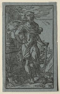Ung mann som står med en stokk av Hendrick Goltzius