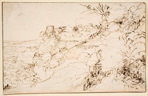 Landskap med en slottslignende bygning på en fjellspore av Hendrick Goudt