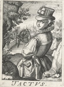 Følelse (Tactus), en kvinne med en fugl Tactus (tittel på objekt) The Five Senses (serietittel) av Hendrick Hondius (rejected attribution)
