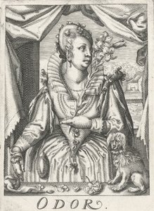 Lukt (lukt), en kvinne med en blomstergren Lukt (tittel på objekt) De fem sansene (serietittel) av Hendrick Hondius (rejected attribution)
