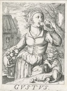 Smak (Gustus), en kvinne med frukt Gustus (tittel på objekt) De fem sansene (serietittel) av Hendrick Hondius (rejected attribution)