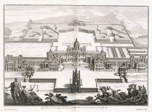 Castle Howard i Yorkshire, fra "Vitruvius Britannicus", eller "The British Architect, som inneholder planene, forhøyningene og seksjonene av de vanlige bygningene både offentlige og private, i Storbritannia" av Colin Campbell av Hendrick Hulsberg