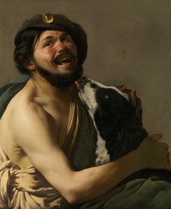 En leende bravo med hunden sin Diogenes, 1628.
