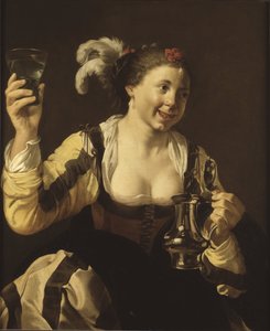 A girl holding a glass (le gout, serie des cinq sens) - A Girl Holding a Glass (Taste. From the Series ""The Five Senses"), av Terbrugghen, Hendrick Jansz (1588-1629). olje på lerret