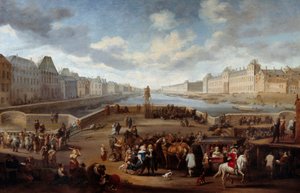 Utsikt over Paris med Louvre, tatt fra Henri IV-broen (Actuel Pont Neuf). Maleri av Hendricks Mommers (1623-1693)