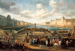 Utsikt over Paris med Louvre, tatt fra Henri IV-broen (Pont neuf) - olje på lerret