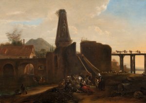 Resende reisende ved siden av klassiske ruiner, 1663 olje på lerret
