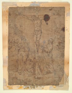 Kristus på korset mellom jomfruen og Johannes med pasjonsscener i bakgrunnen av Hendrick de Clerck