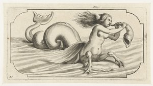 En kvinneskikkelse blåser på et skjell Nouveau Livre des Dieux et Deeßes De la Marine Bouckje of Sea Gods and Goddesses (serietittel)